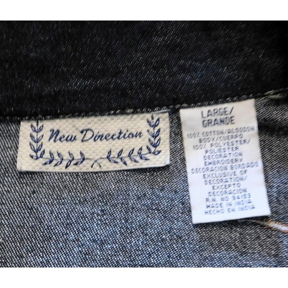 New Direction Embroidered Denim Jacket Large Black Floral Beaded Metal Buttons - Picture 11 of 11